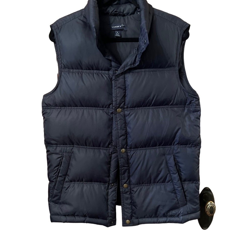 Lands' End Mens Puffer‎ Vest Black Snap Front Sleeveless Winter Outdoor Warm